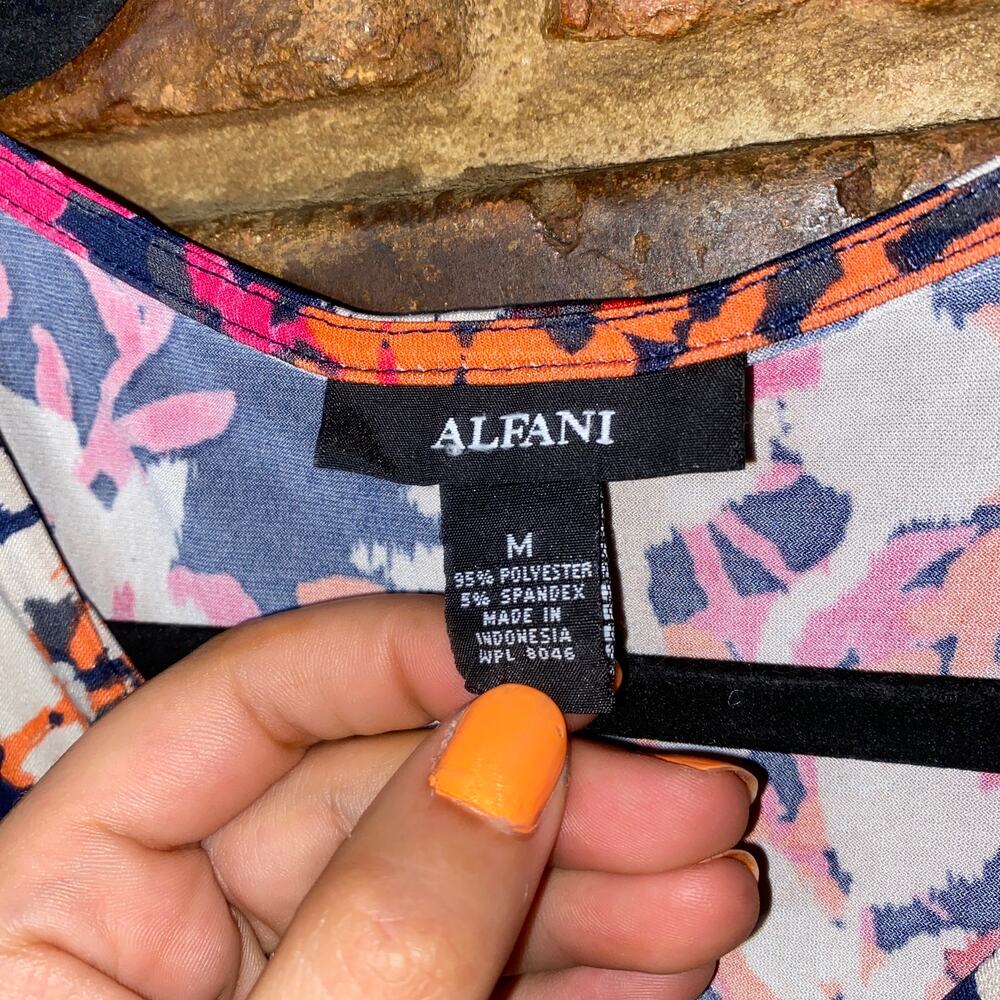 Alfani Floral V-Neck Cap Sleeve Blouse in Navy, Pink, Orange, White - Picture 3 of 4
